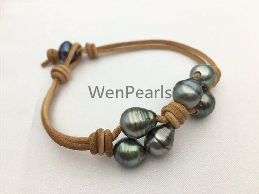 Fashion, Tahitian pearl bracelet, High Luster pearl, Pearl Leather bracelet, Black Leather bracelet, Le10-003