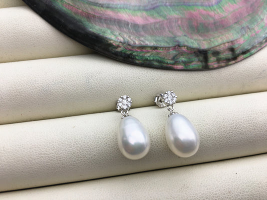 AAA 9mm White rice pearl flower cz stud earrings,S925 Sterling Silver pearl earrings,pearl for women for girl,SE3-146