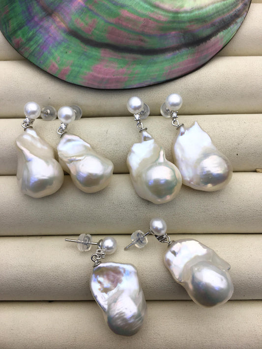 1 pair AAA 13-16mm flame ball pearl diamond stud earrings, sterling silver, earring with white baroque Natural Pearl, SE3-031-26