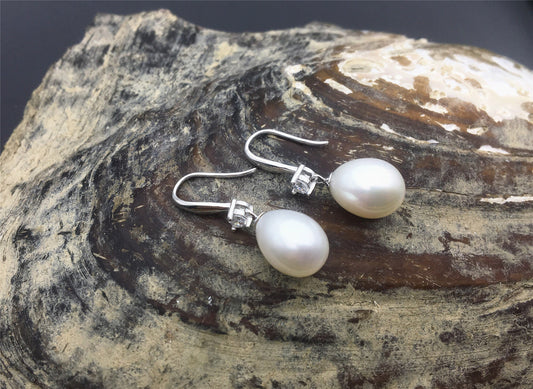 AAA 9mm white oval rice pearl cz stone dangle earrings, S925 Sterling Silver pearl earrings, SE3-082