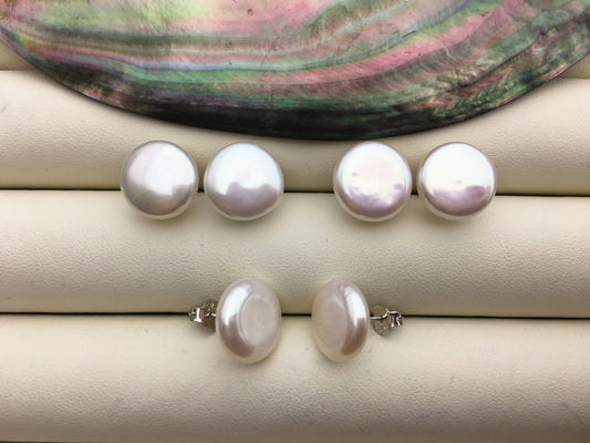 1 pair AAA 12-13mm White Coin Fresh Water pearl stud earrings,S925 Sterling Silver,dangle pearl earrings,SE3-061
