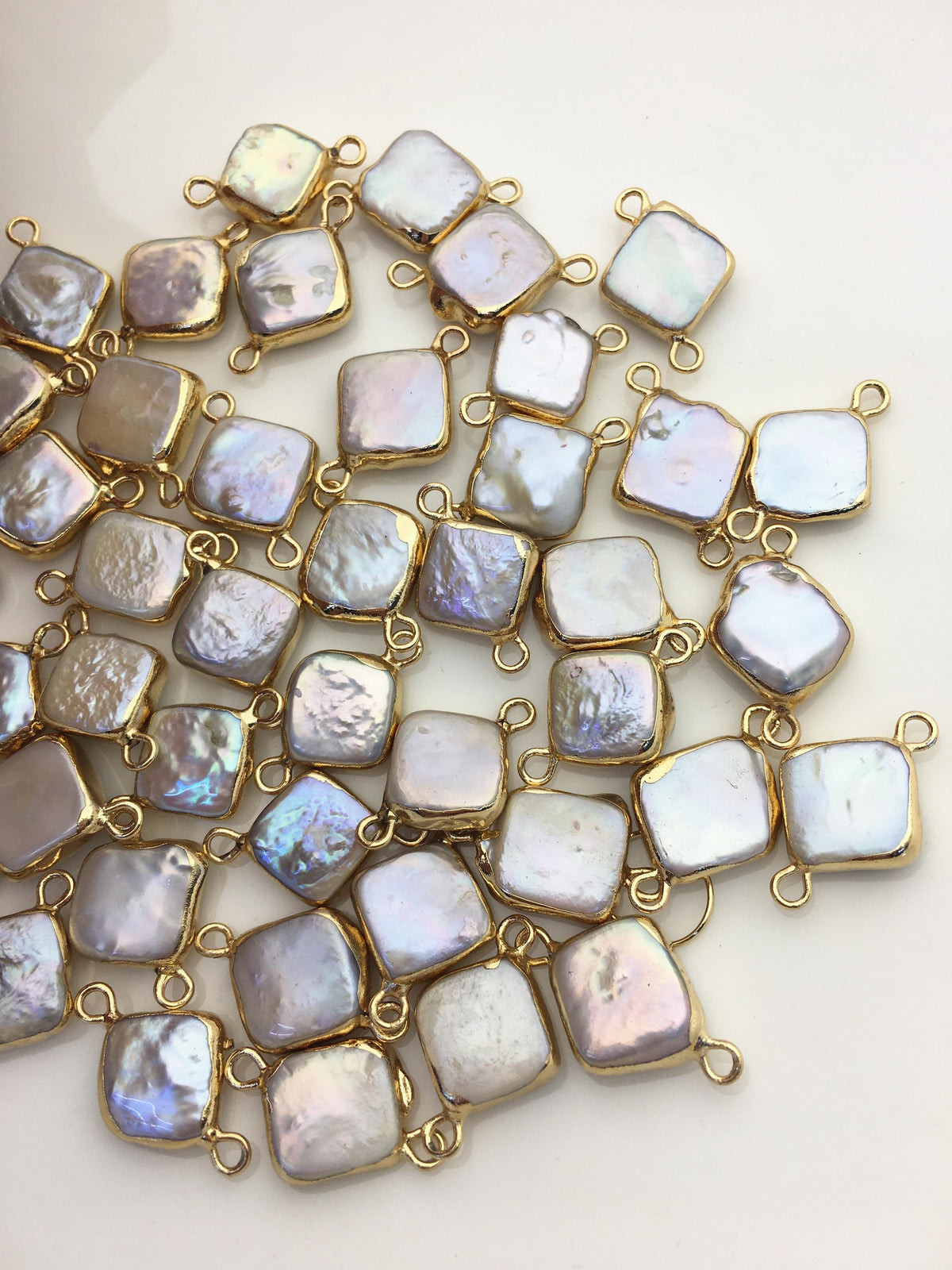 10pcs AA+ 11-12mm White Block Pearl Pendant with Gold Electroplated Edge for make Earrings bracelet necklace, wen pearl, EDG-013