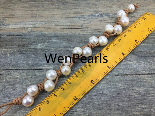 9mm two rows pearl bracelet, Leather Pearls Bracelet, Handmade Cuff, White Pearls on Brown Leather, Black leather bracelet, Le7-050