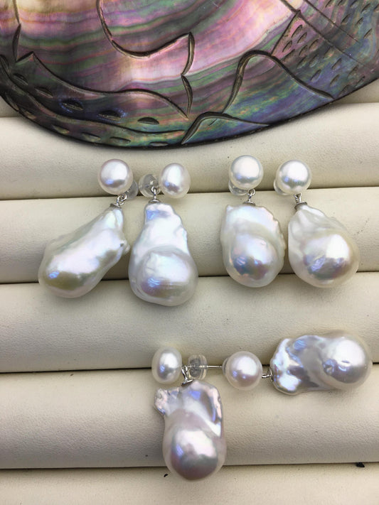 1 pair AAA 13-16mm flame ball pearl diamond stud earrings, sterling silver, earring with white baroque Natural Pearl, SE3-031-8