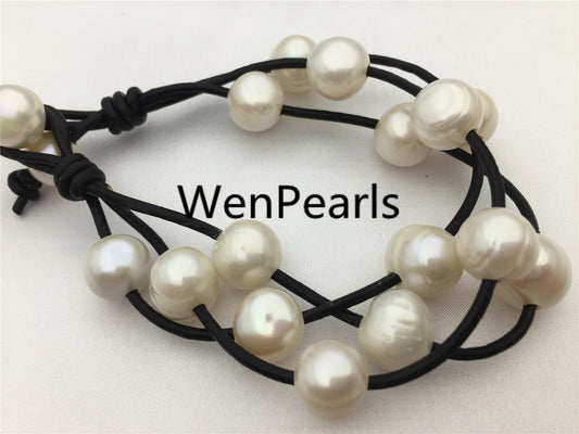 12mm potato pearl Bracelet, leather pearl bracelet, Handmade Cuff, White Pearls on Brown Leather, Black leather bracelet, Le7-075