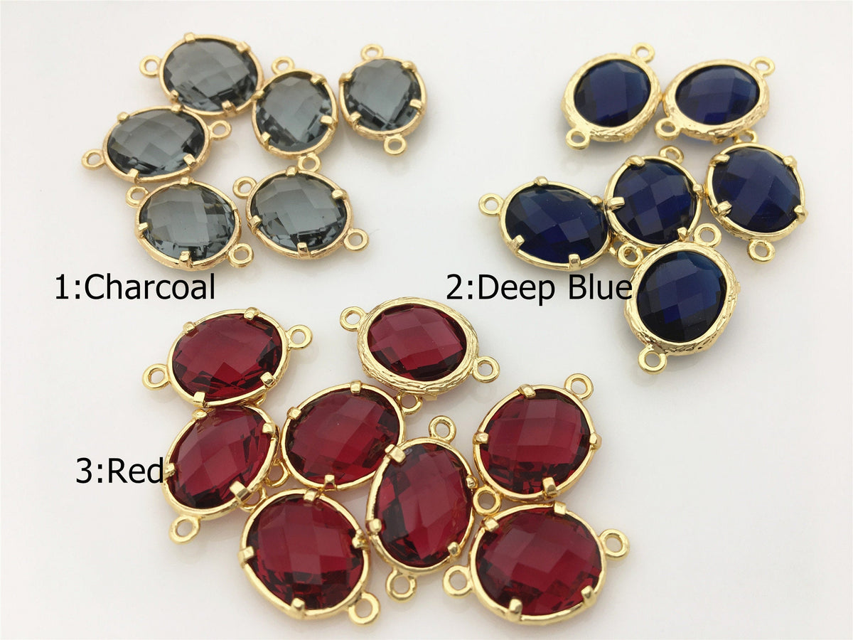 5pcs 11.5x19mm Charcoal/Blue/Red Glass Ellipse Oval faceted Connector, Brass plated 14k gold, glass connector loop gold tone, ACC-GL-006