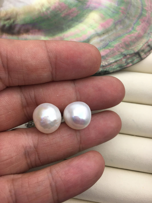 AAA 13-13.5mm big white wrinkled skin baroque button round Pearl Stud Earrings,SE1-069-15