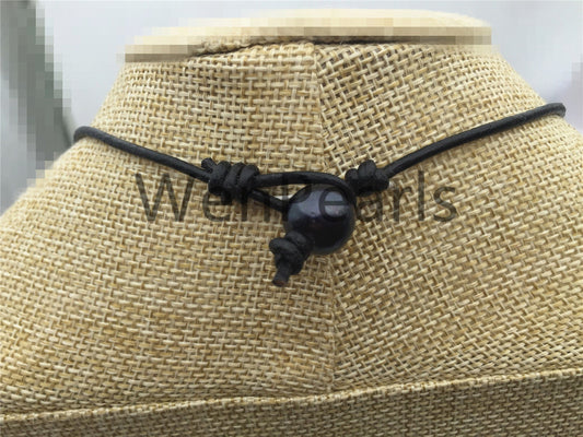 Malachite Green Freshwater Pearl and Leather Lariat Necklace, Light Brown Leather Pearl necklace, Tan Leather Rice pearl necklace, Le4-014