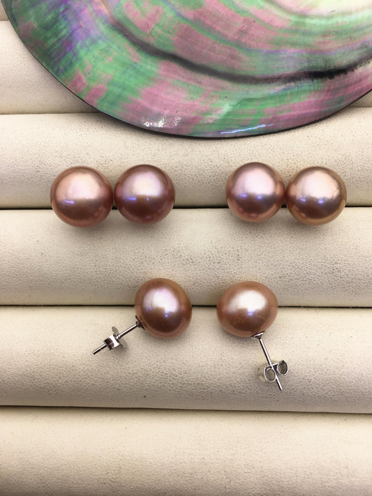1 pair AAA 11-12mm purple button round edison pearl stud earrings,S925 Sterling Silver stud earrings,SE3-T9-70