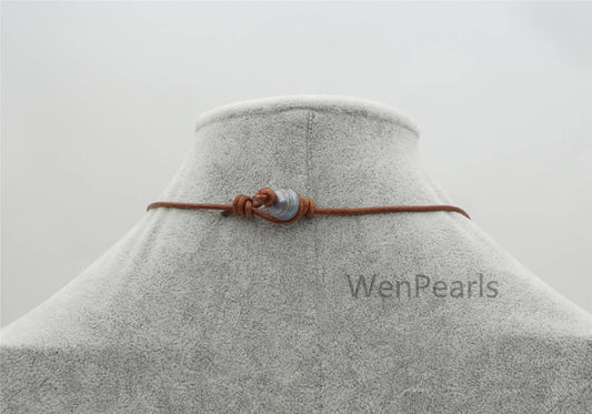 Deep Blue Big Rice pearl leather drop necklace,Pearl and Leather Lariat Necklace,Leather Pearl necklace,Le4-100