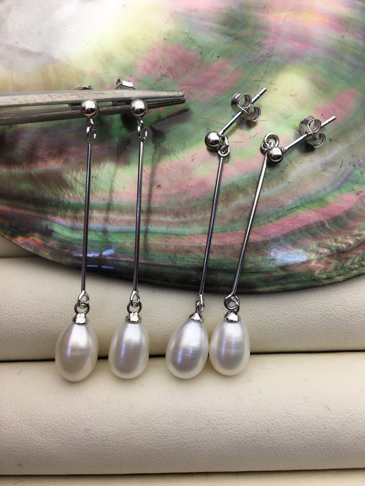 AAA 8mm White rice pearl Tassels dangle earrings,S925 Sterling Silver pearl earrings,pearl for women,SE3-169