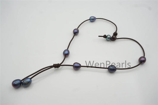 Deep Blue Rice Pearl Leather necklace, Freshwater pearl, Black Leather Pearl necklace, Select leather color, Le4-080