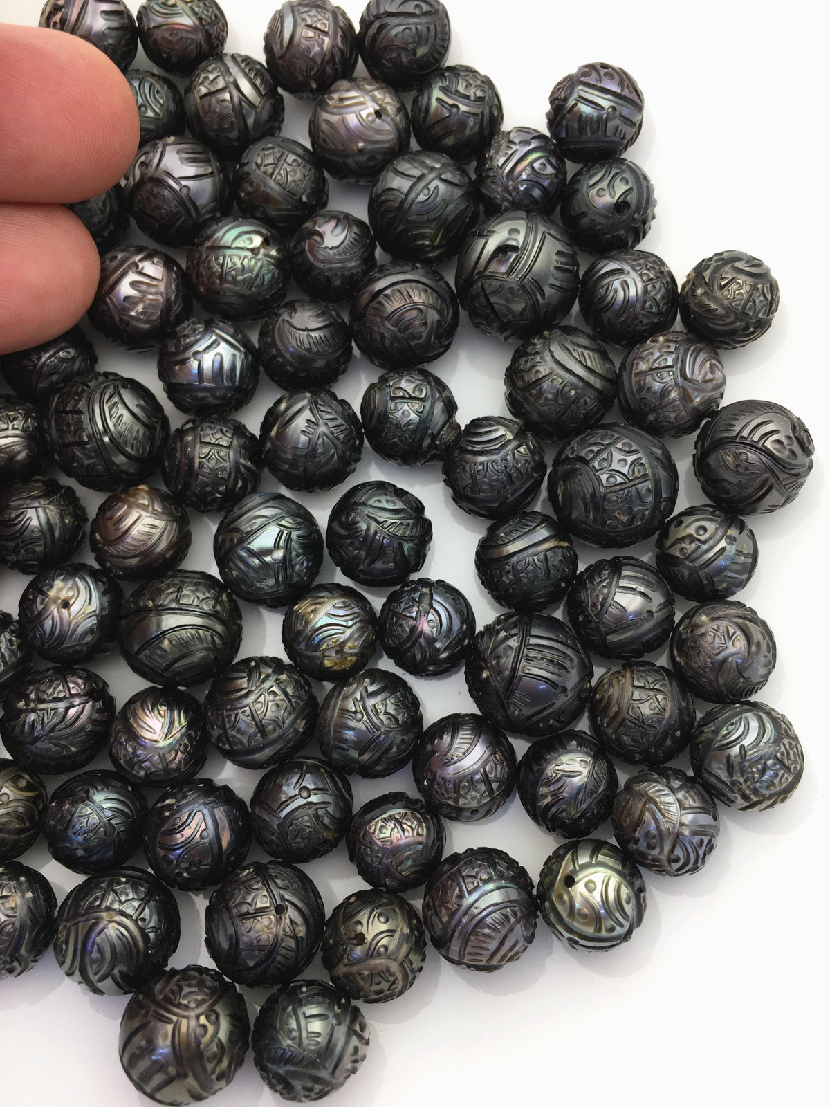 1pc AA 10-14 Black Near Round Carved Tahitian Pearl - Hand Carved - Tattoo Pearls, carved pearls, flower design, through hole, CAC-FLW-9-2