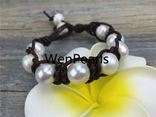 Big potato pearl bracelet, Leather Pearls Bracelet, Handmade Cuff, White Pearls on Brown Leather, Black leather bracelet, Le7-032