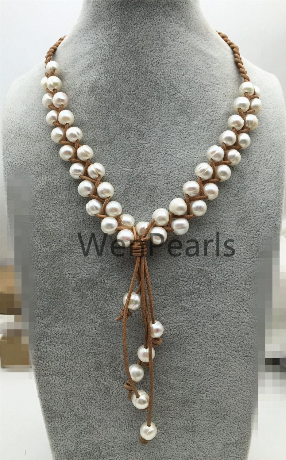 Big pearl Freshwater pearl and leather necklace - Drop pearl necklace - Le4-001
