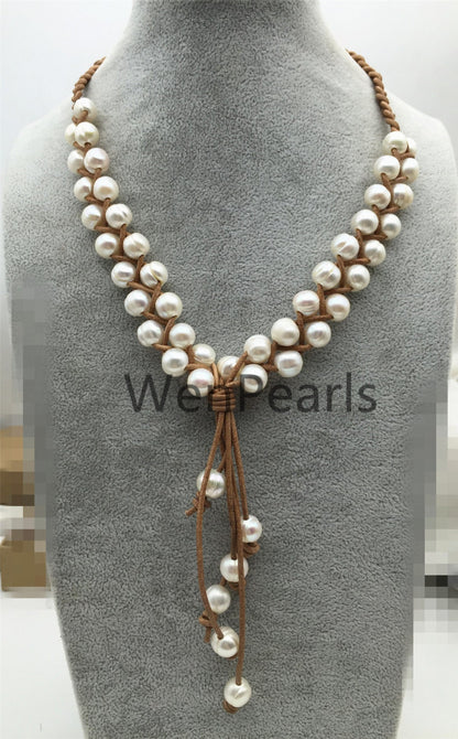 Big pearl Freshwater pearl and leather necklace - Drop pearl necklace - Le4-001