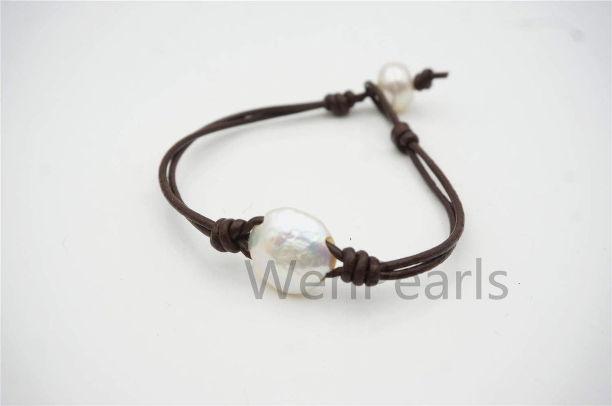 Big White Coin Pearl fashion jewelry, pearl Leather Pearls Bracelet - plait leather bracelet - Genuine freshwater pearl - Le7-136