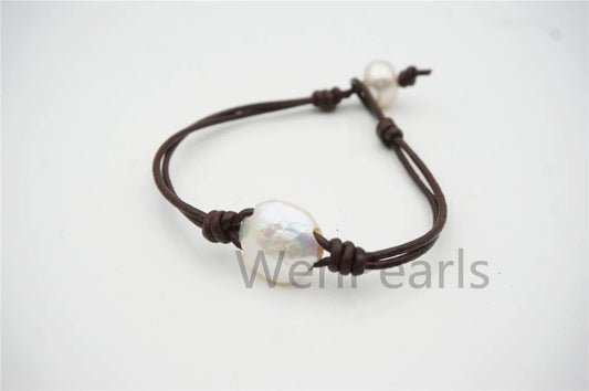 Big White Coin Pearl fashion jewelry, pearl Leather Pearls Bracelet - plait leather bracelet - Genuine freshwater pearl - Le7-136