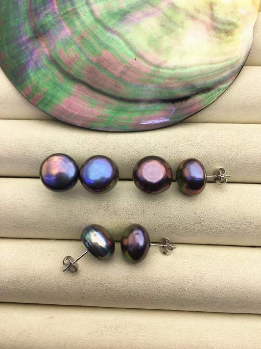 AA+ 12-13mm big black rainbow button round Pearl Stud Earrings, freshwater pearl earrings, classic pearl studs, SE1-069-28
