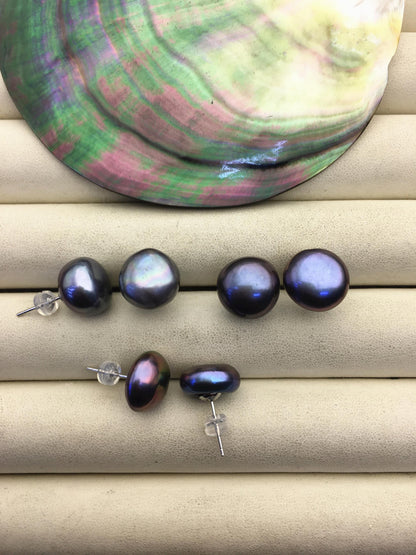 AA+ 13-14mm big black blue button round Pearl Stud Earrings, freshwater pearl earrings, classic pearl studs, SE1-069-34