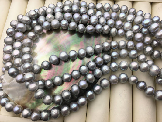 67'' 9mm Gray Potato Near Round Freshwater Pearl Necklace,dark gray Pearl necklace,gray round pearl,NPN1-076