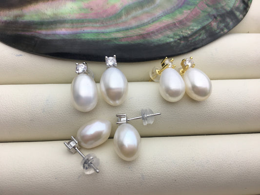 AAA 9mm White rice pearl cz stud earrings,zircon S925 Sterling Silver pearl earrings,pearl for women for girl,SE3-058