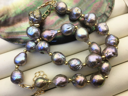 7+2'' AA 8-11mm gray rainbow edison baroque drop Freshwater pearl gold color chain Bracelet,B8-055-2
