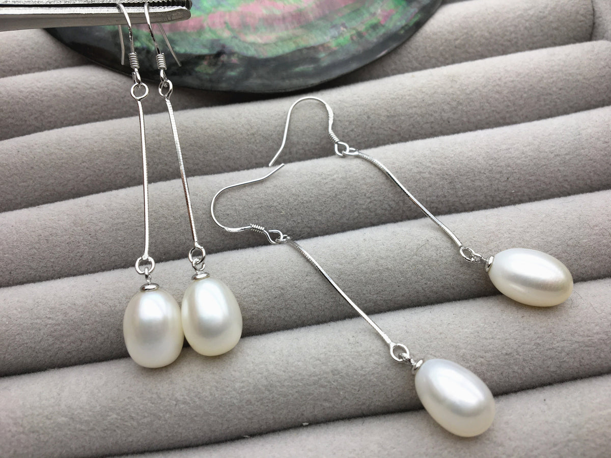 AAA White rice pearl Tassels dangle earrings,S925 Sterling Silver pearl earrings,pearl for women,SE3-142