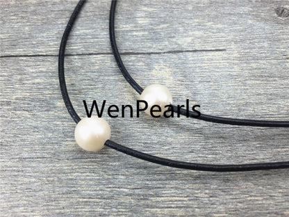 2 rows pearl necklace, Leather Necklace, 9-10mm round pearl, High Luster pearl, Pearl Leather Necklace, Black Leather Pearl necklace, Le1-047