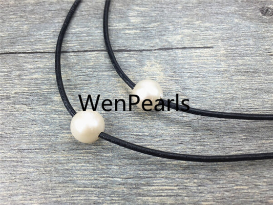 2 rows pearl necklace, Leather Necklace, 9-10mm round pearl, High Luster pearl, Pearl Leather Necklace, Black Leather Pearl necklace, Le1-047