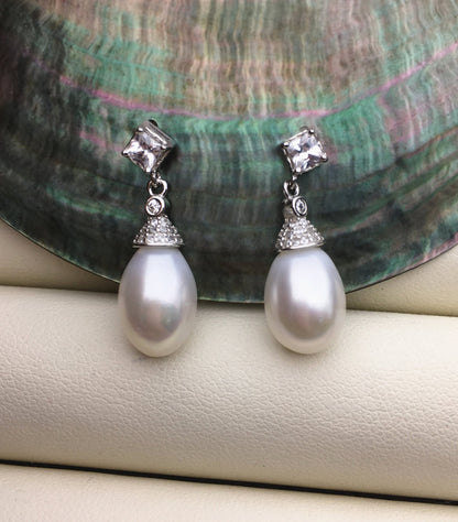 AAA 9mm White rice pearl cz stud earrings,zircon S925 Sterling Silver pearl earrings,pearl for women for girl,SE3-046