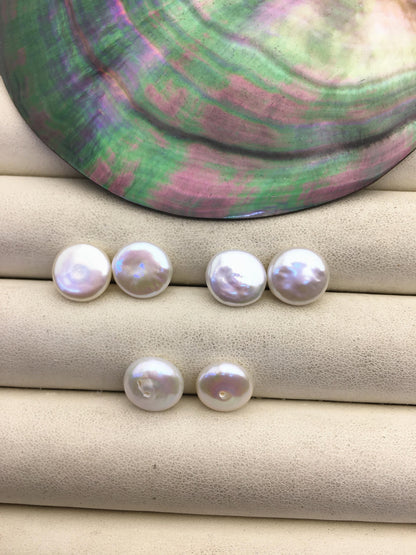 2 pairs AA+ 10-11mm White Coin Freshwater Pearls Pair, high luster- Coin Pearl-petite Pearl- 0.9mm bottom half hole, COIN10-3A-2