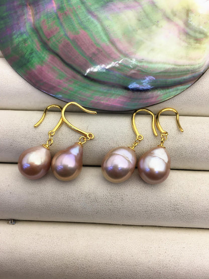 AAA 10-11mm natural rianbow drop edison pearl dangle earrings, yellow gold S925 Sterling Silver earrings, wedding pearl earrings, SE3-T9-71