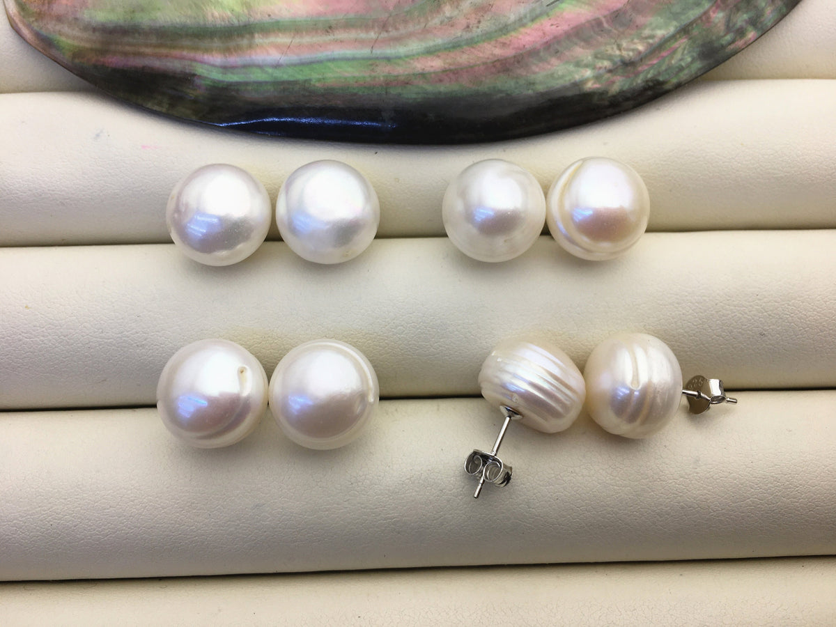 5 pairs AA 12-13mm White baroque Pearl Stud Earrings,freshwater pearl earrings,Wedding,classic pearl studs,SE1-069-29