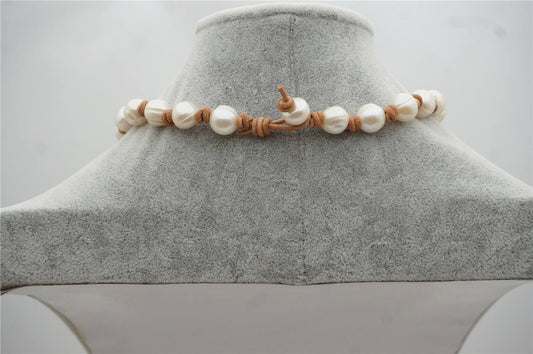 Big Potato Pearl and leather necklace,Genuine Freshwater Pearl Necklace,white pearl necklace,wholesale,Le5-008