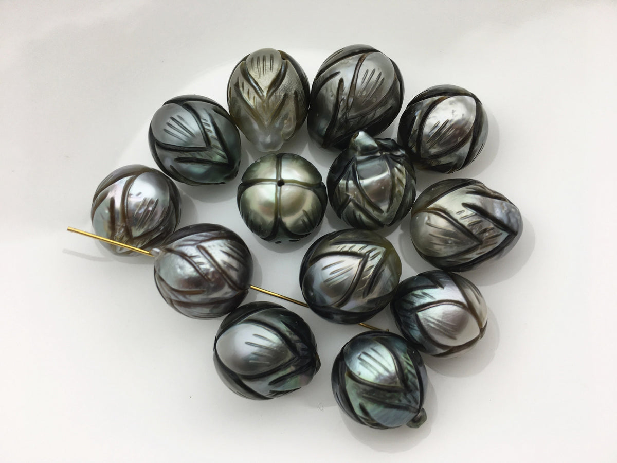 1pc 12-13mm Lotus Flower Carved Tahitian Pearl - Hand Carved - Tattoo Tahitian Pearls, carved pearls, flower designs, CAC-FLW-9-14