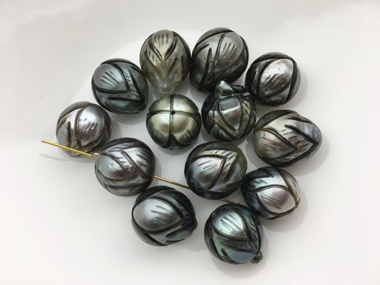 1pc 12-13mm Lotus Flower Carved Tahitian Pearl - Hand Carved - Tattoo Tahitian Pearls, carved pearls, flower designs, CAC-FLW-9-14