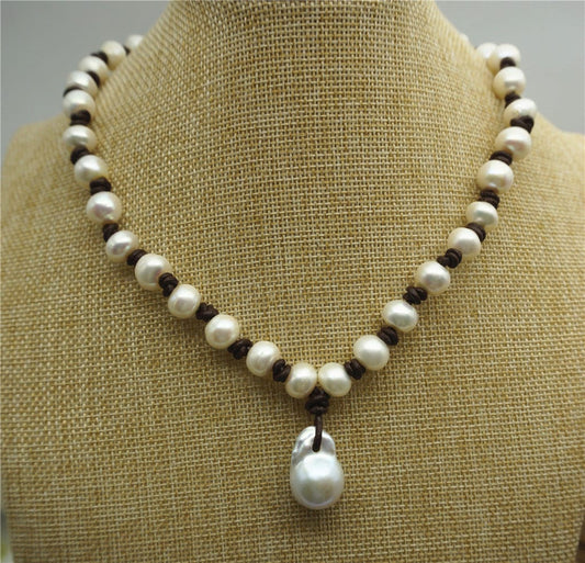 Flameball pearl and leather necklace, Baroque Freshwater Pearl Drop Necklace, Flaming ball pearl necklace, wholesale, Le2-017