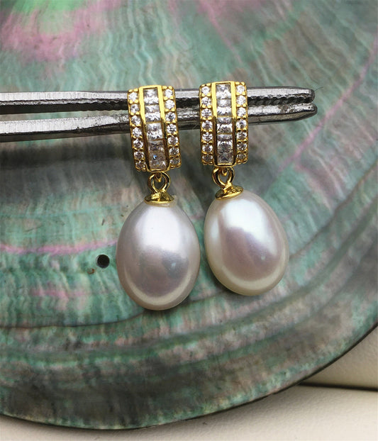 AAA 9mm White rice pearl cz stud earrings,zircon S925 Sterling Silver pearl earrings,pearl for women for girl,SE3-047
