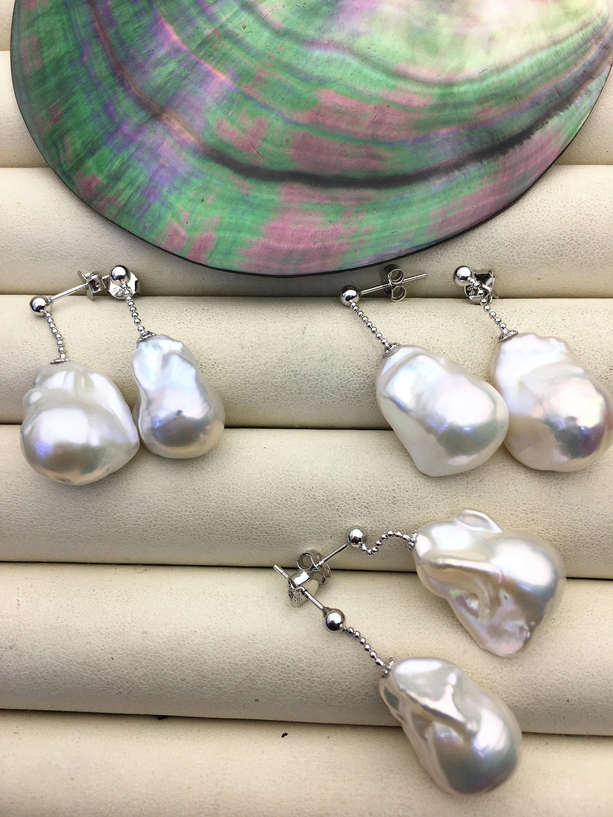 1 pair AAA 13-17mm white flame ball pearl stud earrings, sterling silver, earring with white baroque Natural Pearl, SE3-031-24