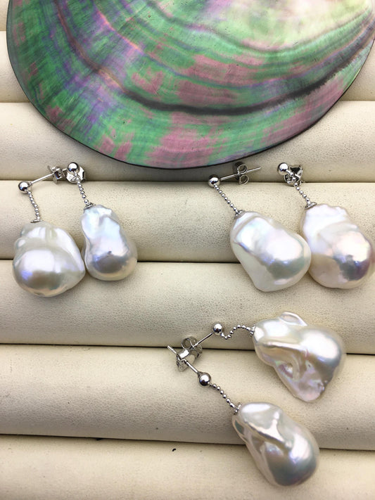 1 pair AAA 13-17mm white flame ball pearl stud earrings, sterling silver, earring with white baroque Natural Pearl, SE3-031-24