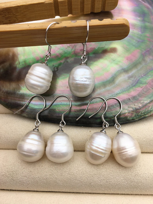 1 pair AA 12mm big white rice pearl dangle earrings, Sterling Silver, dangle pearl earrings, wedding earring, bridal, SE3-005