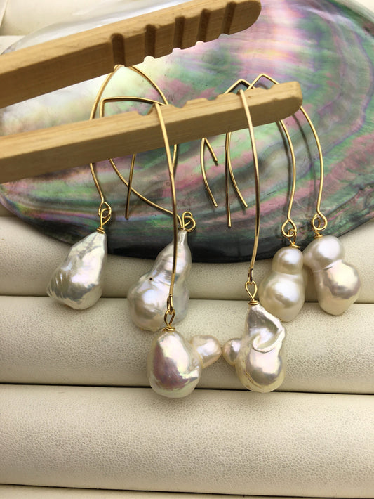 1 pair White 11mm big baroque freshwater pearl dangle earrings,wedding pearl earrings,SE3-131-16