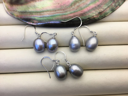 1 pair AAA 9.5-10mm gray long rice pearl dangle earrings, Sterling Silver, dangle pearl earrings, wedding earring, bridal, SE3-T59