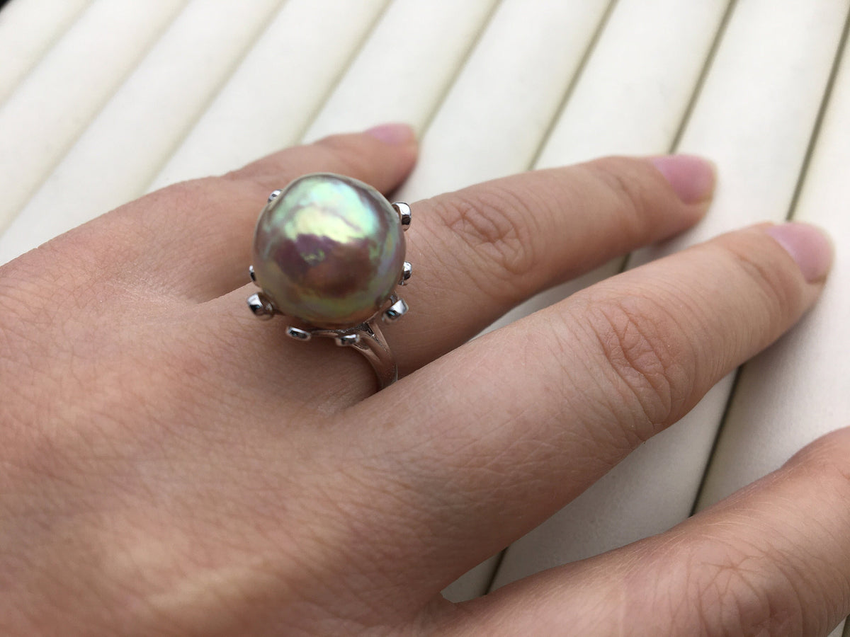 AAA Natural Rainbow Big Edison Pearl rings, Sterling Silver Ring, affordable engagement rings, pearl wedding rings, promise rings for her, R1-T12