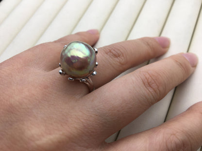 AAA Natural Rainbow Big Edison Pearl rings, Sterling Silver Ring, affordable engagement rings, pearl wedding rings, promise rings for her, R1-T12