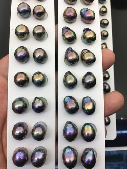 10pairs AAA 10-11mm Black Rainbow baroque drop edison freshwater pearl Pair,top half hole,ED11-3A-2-30
