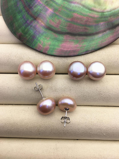 1 pair AAA 11-12mm purple button round Pearl Stud Earrings, freshwater pearl earrings, classic pearl studs, SE1-069-23