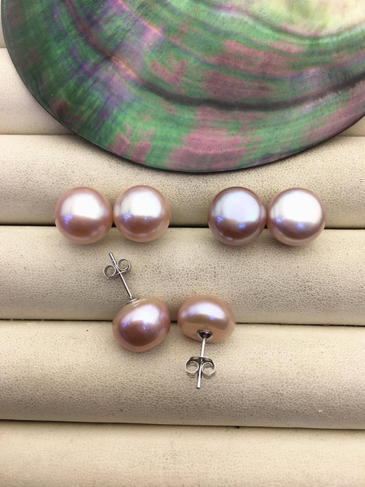 1 pair AAA 11-12mm purple button round Pearl Stud Earrings, freshwater pearl earrings, classic pearl studs, SE1-069-23