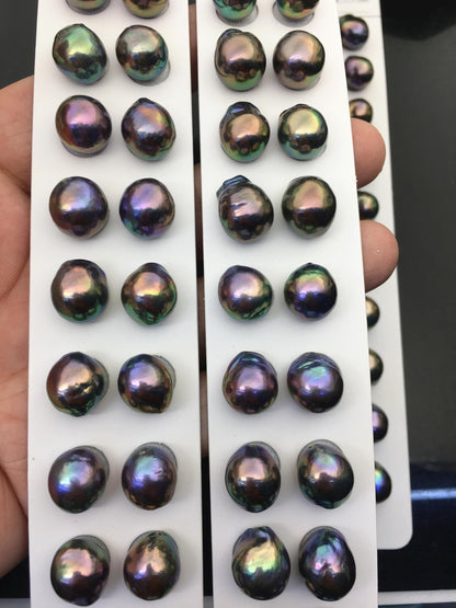 5 pairs AAA 11-12mm Black Rainbow baroque drop edison freshwater pearl Pair,top half hole,ED11-3A-2-26